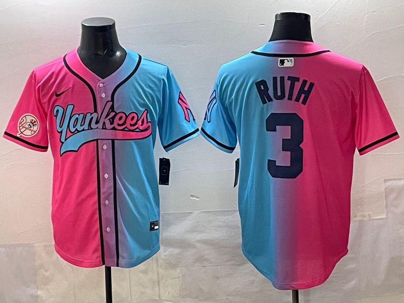 Men New York Yankees 3 Ruth Blue pink Game 2025 Nike MLB Jersey style 006